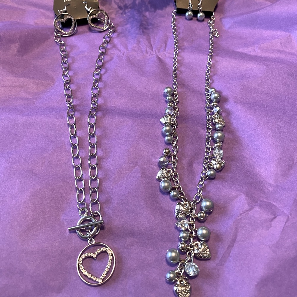 Two Silver Toned Heart Necklace & Earrings Sets